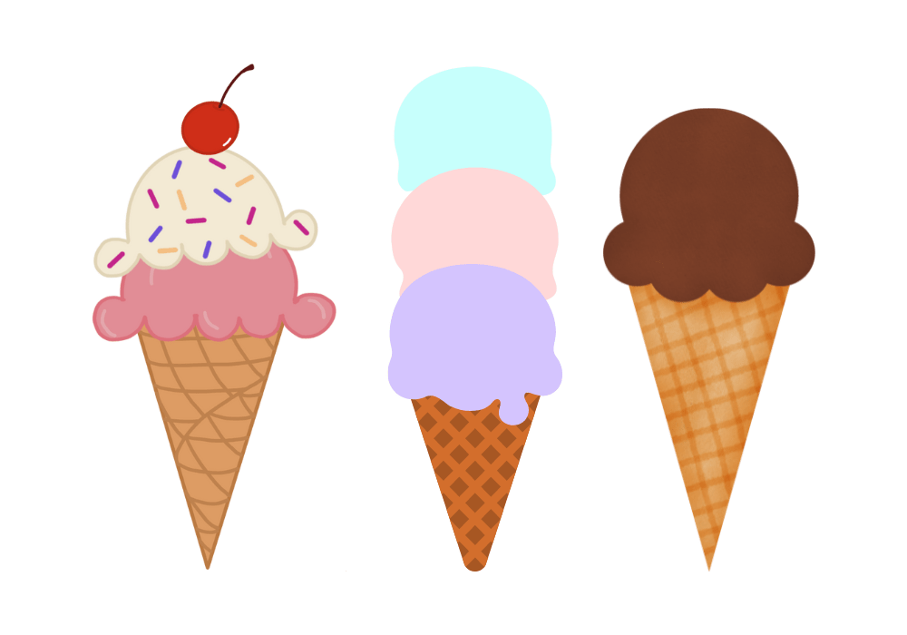 Three cartoon ice cream cones.